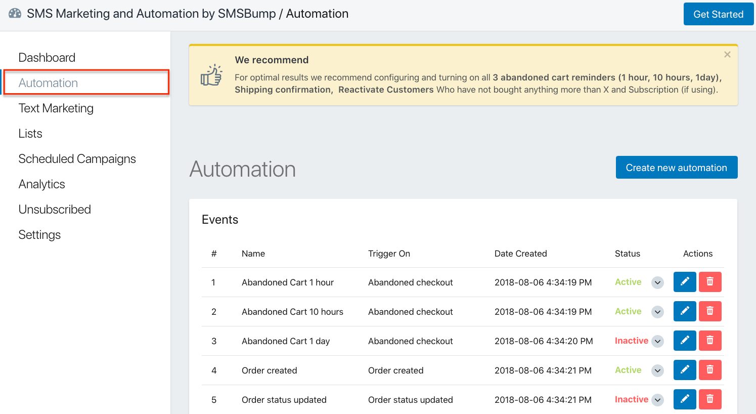 SMSBump Automations in BigCommerce.