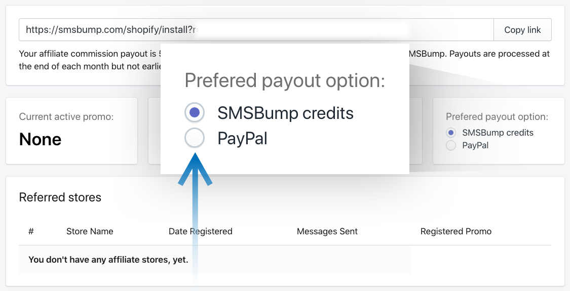 Select PayPal as Affiliate Commission Payout Option in SMSBump for Shopify