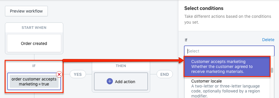 Shopify Flow Condition Customer accepts marketing