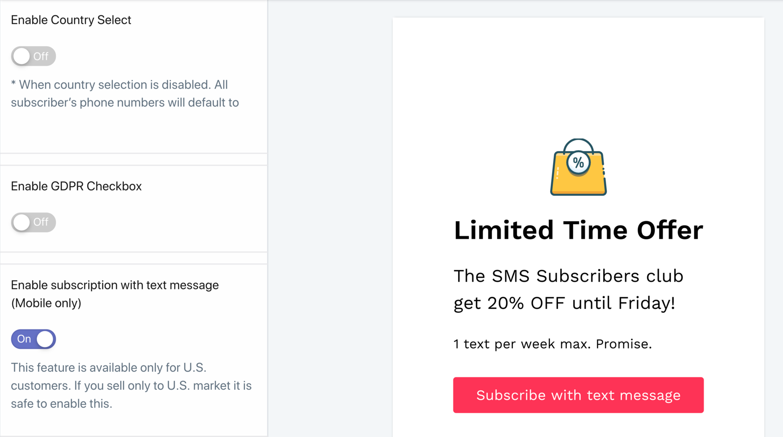 SMSBump Signup Form Enable Text Message One-Click Subscription