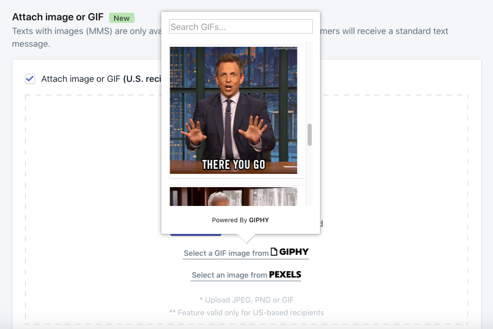 Add Giphy GIF to SMS marketing automations in Shopify.