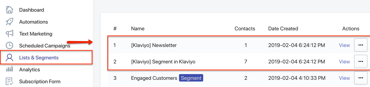 SMSBump Lists & Segments with Klaviyo Imported Contacts.