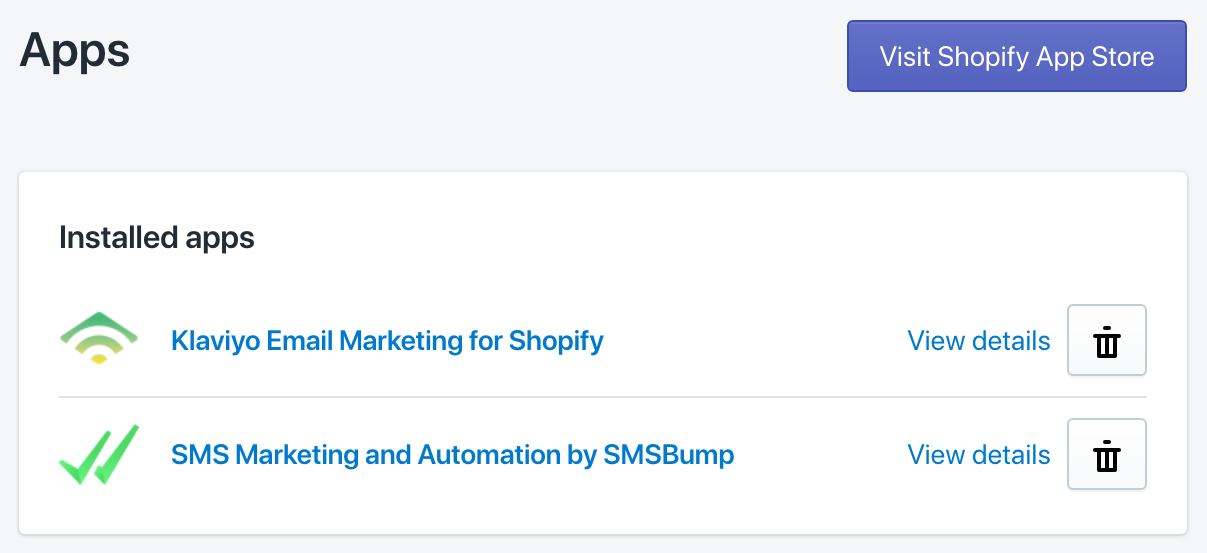 SMSBump and Klaviyo apps installed in Shopify.