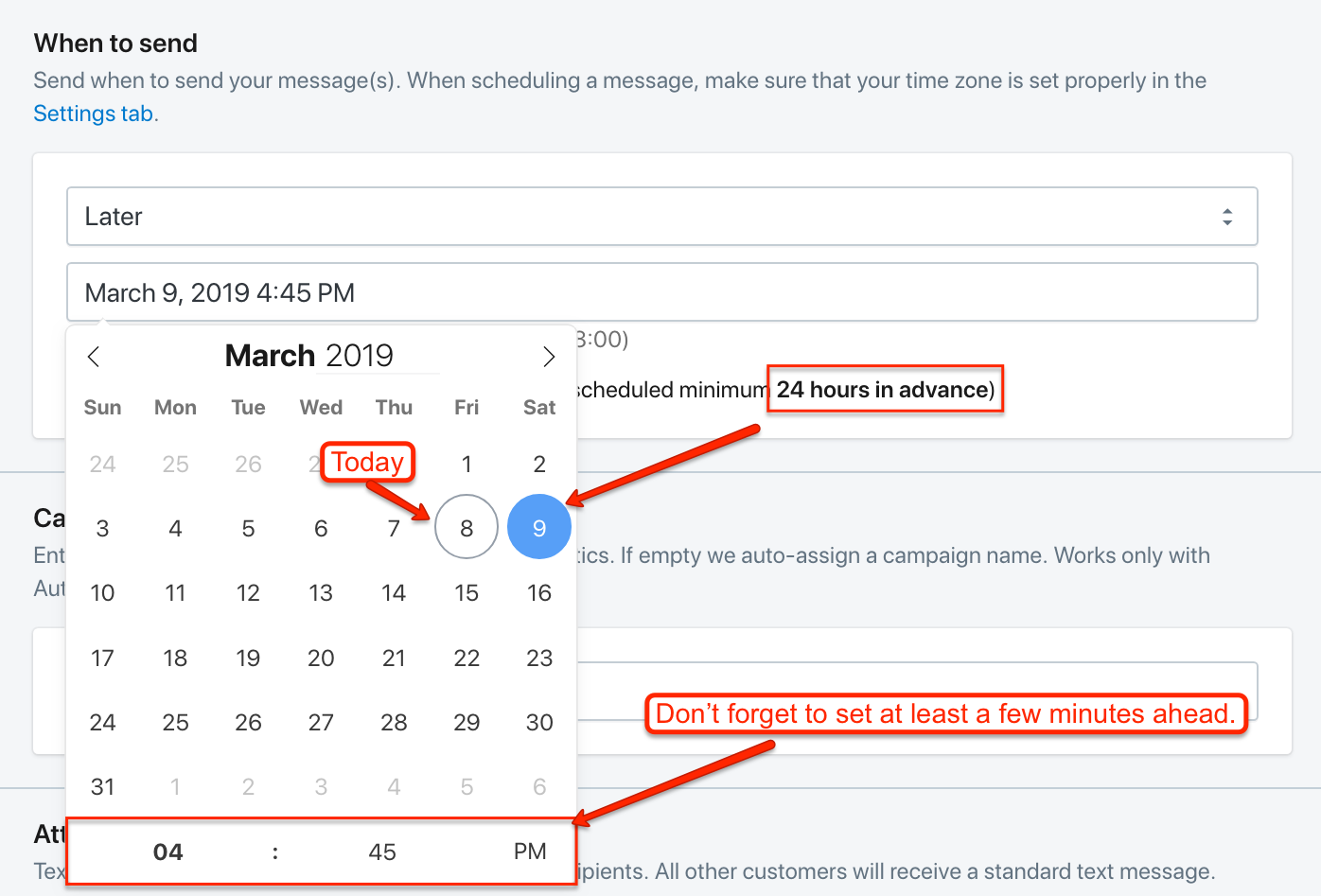 Time and date scheduling for time zones in SMSBump for Shopify.