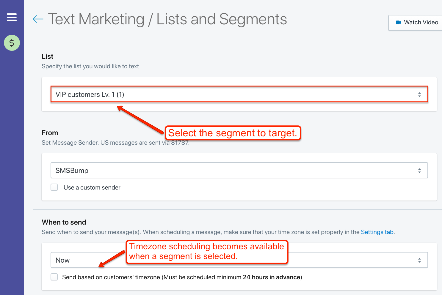 Enable timezone scheduling for segment-based marketing campaigns.