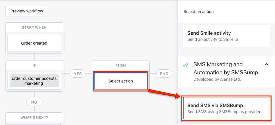 Shopify Flow Action Send SMS via SMSBump