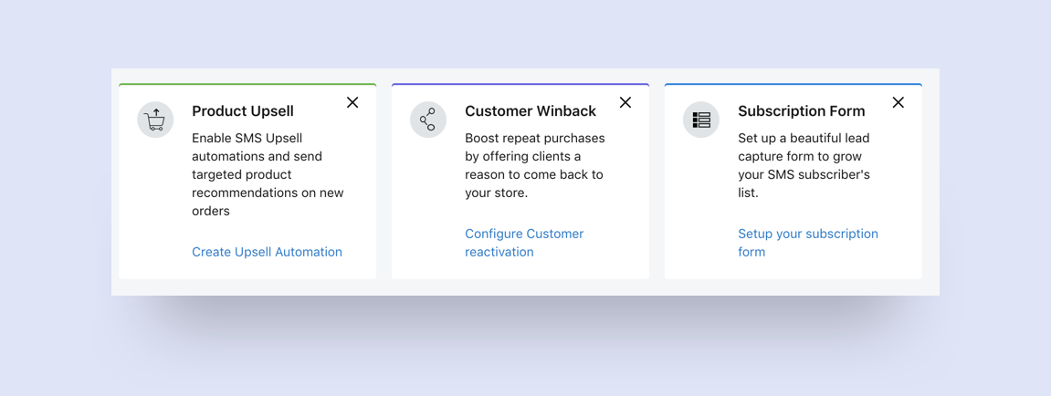 SMSBump Dashboard: Suggested actions to get started with SMS Marketing