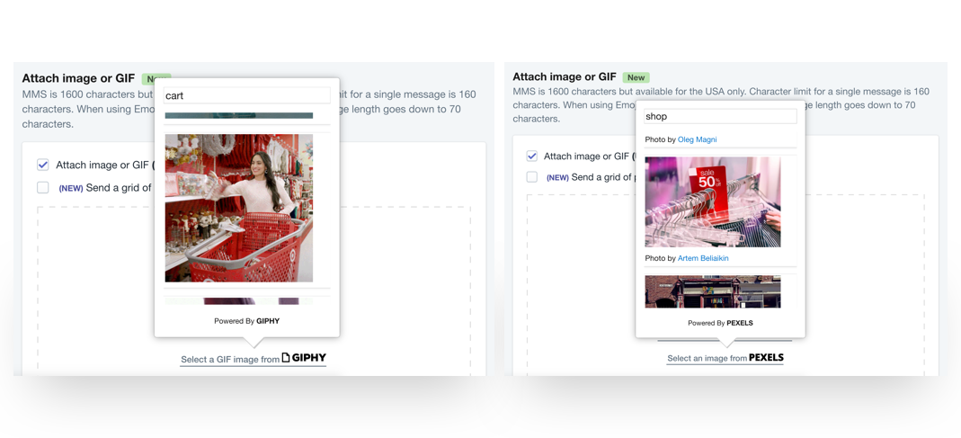 GIPHY Gifs and Pexels Royalty Free Stock Photos for MMS in Shopify