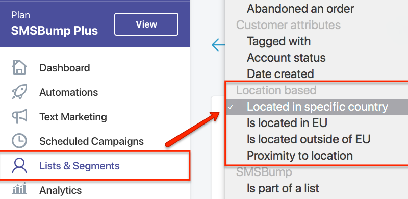 SMSBump Segments Location-Based Targeting