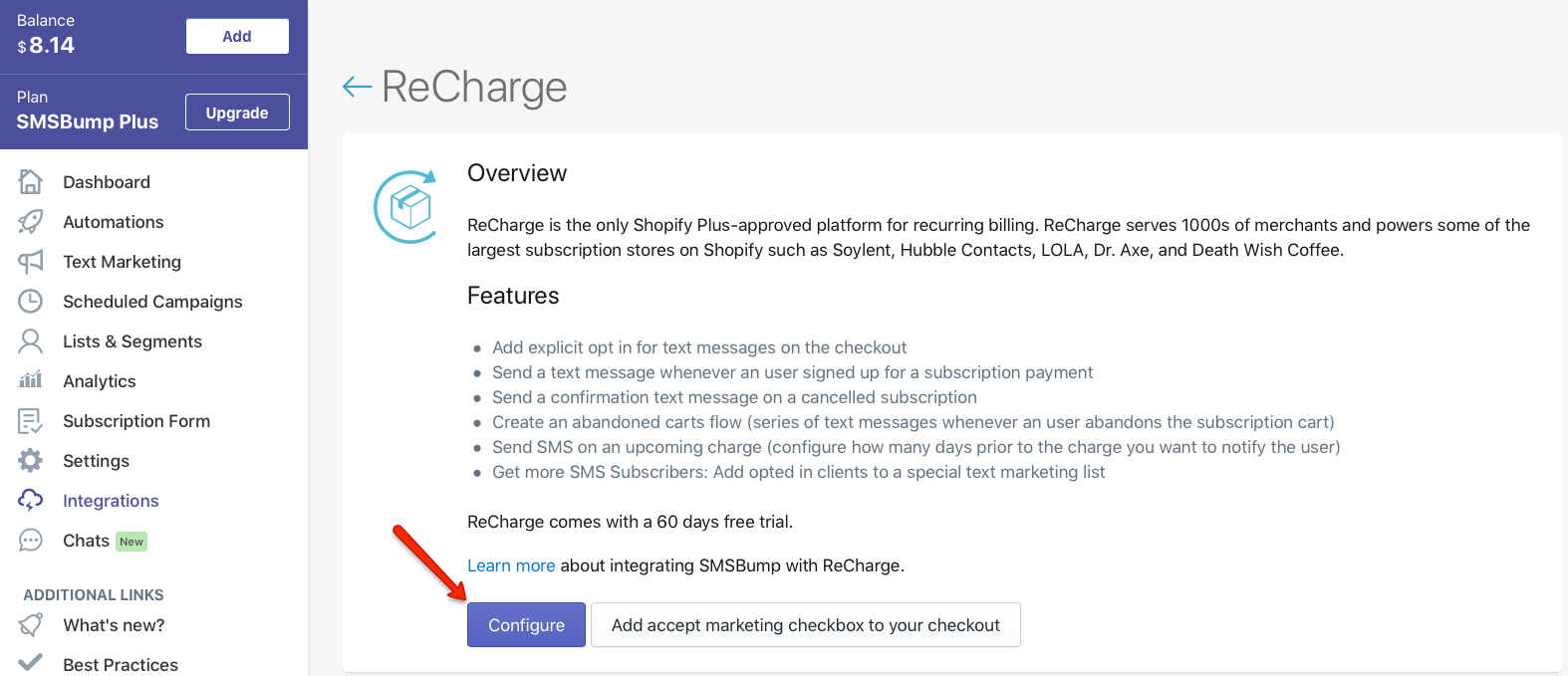 SMSBump: Configure ReCharge App in Shopify