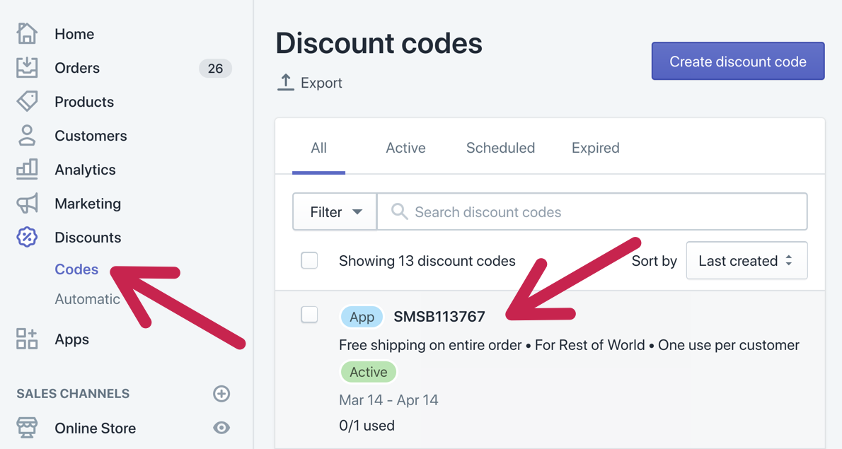 Free Shipping: Unique SMSBump codes logged in default Shopify discounts