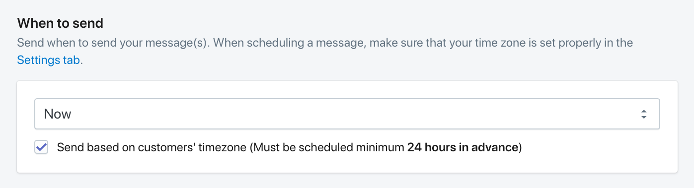 Select timezone scheduling for segmented SMS marketing campaigns in Shopify.